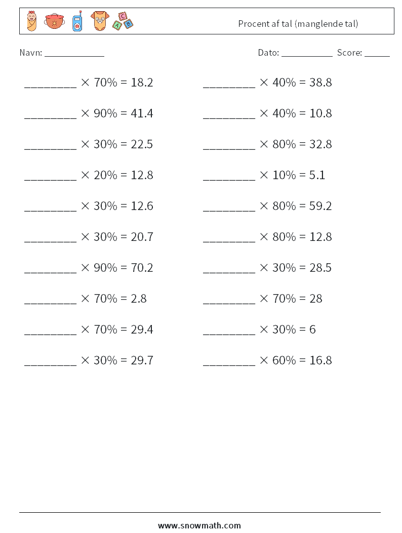 Procent af tal (manglende tal) Matematiske regneark 8