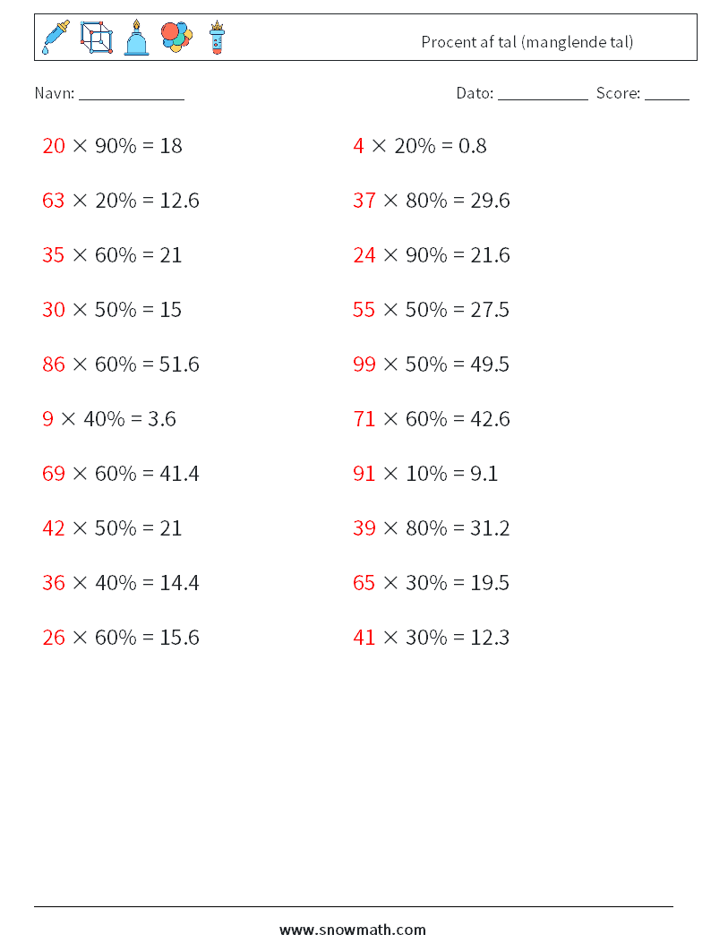 Procent af tal (manglende tal) Matematiske regneark 9 Spørgsmål, svar