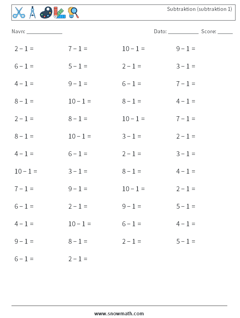 (50) Subtraktion (subtraktion 1) Matematiske regneark 3