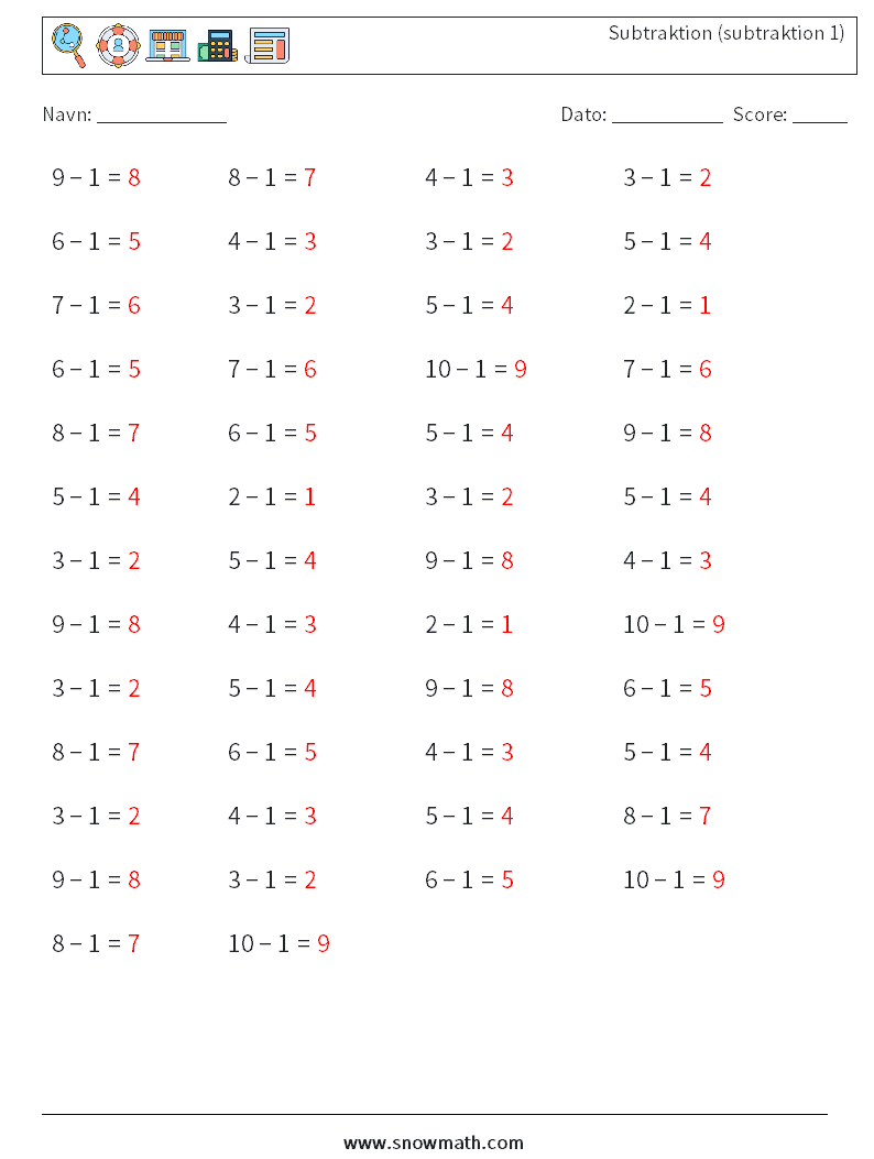 (50) Subtraktion (subtraktion 1) Matematiske regneark 5 Spørgsmål, svar