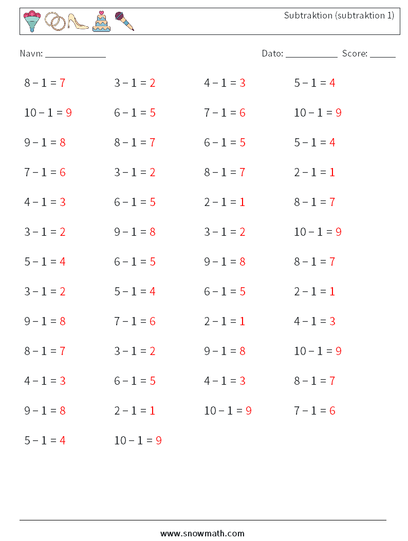 (50) Subtraktion (subtraktion 1) Matematiske regneark 7 Spørgsmål, svar