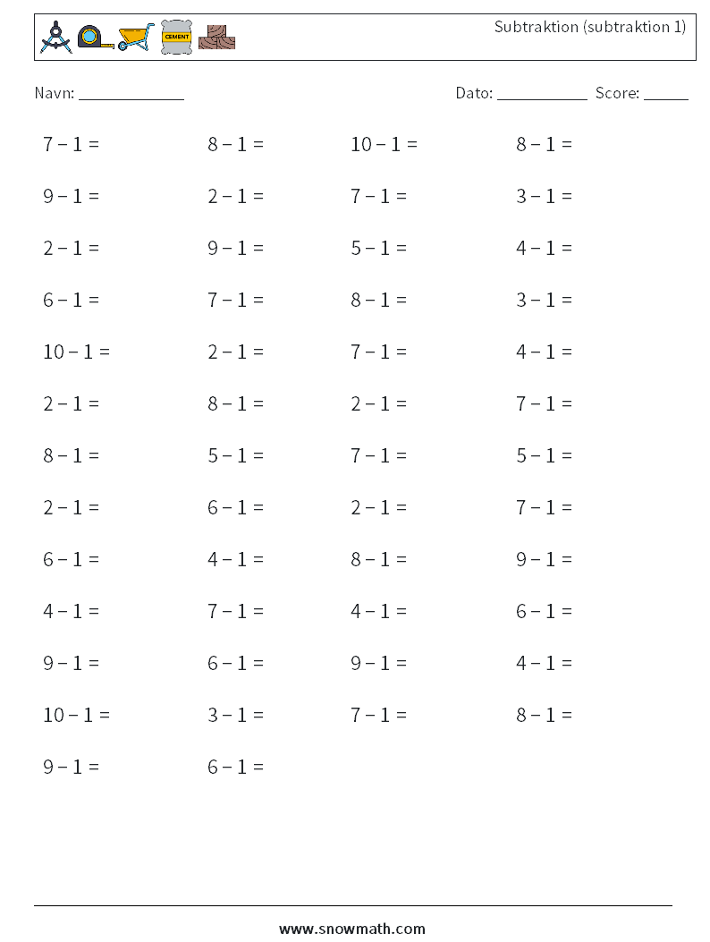 (50) Subtraktion (subtraktion 1) Matematiske regneark 8
