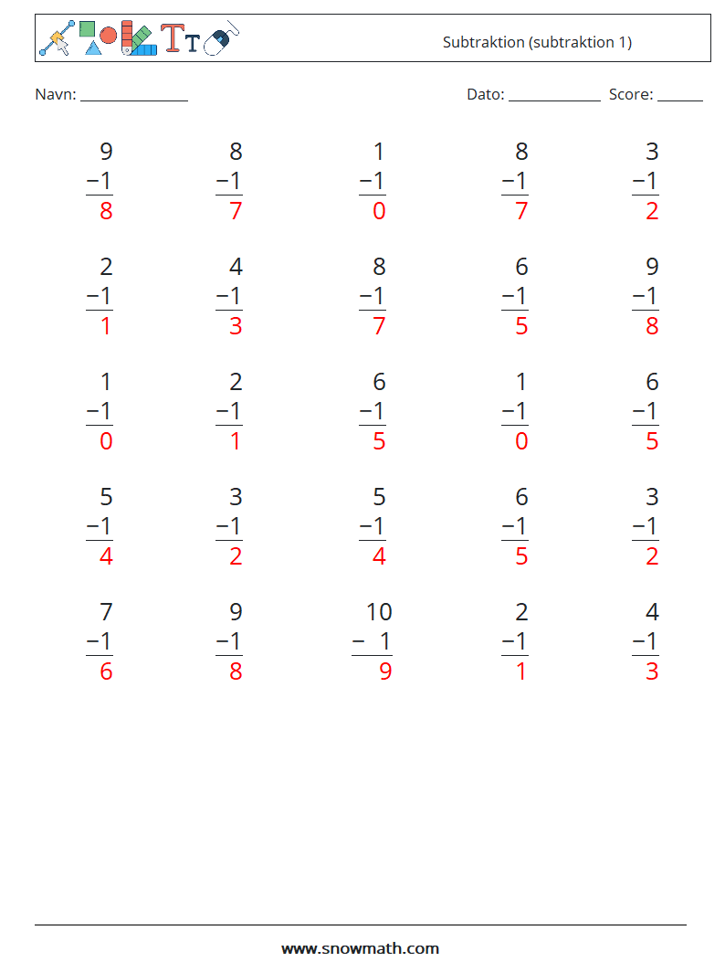(25) Subtraktion (subtraktion 1) Matematiske regneark 2 Spørgsmål, svar