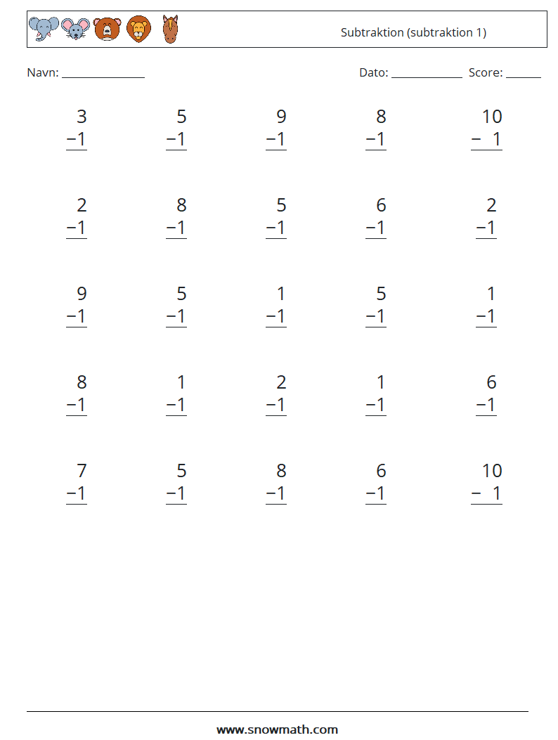 (25) Subtraktion (subtraktion 1) Matematiske regneark 3