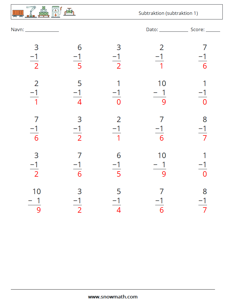 (25) Subtraktion (subtraktion 1) Matematiske regneark 4 Spørgsmål, svar
