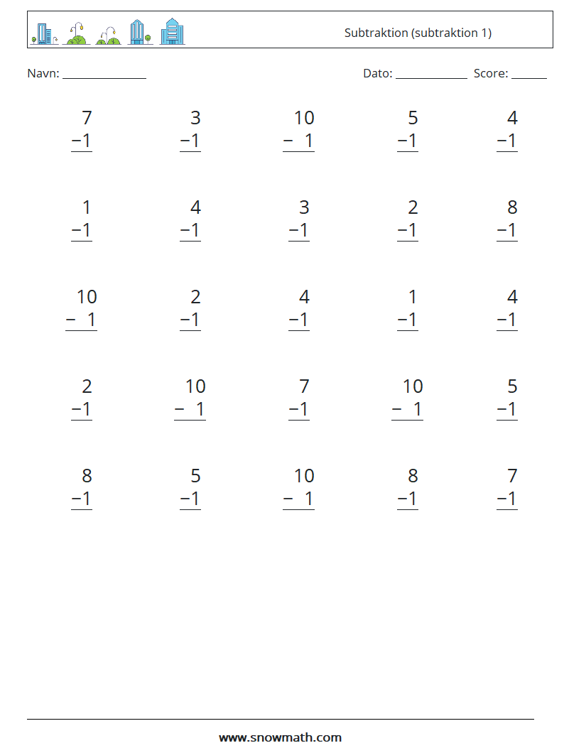 (25) Subtraktion (subtraktion 1) Matematiske regneark 5