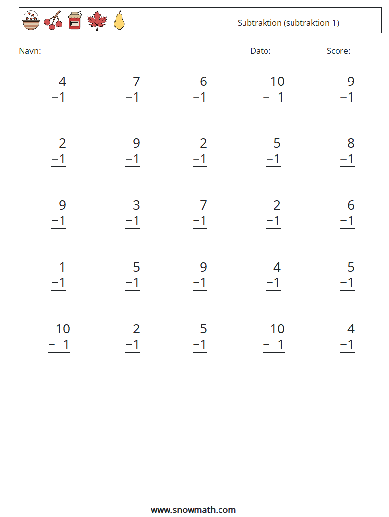 (25) Subtraktion (subtraktion 1) Matematiske regneark 8
