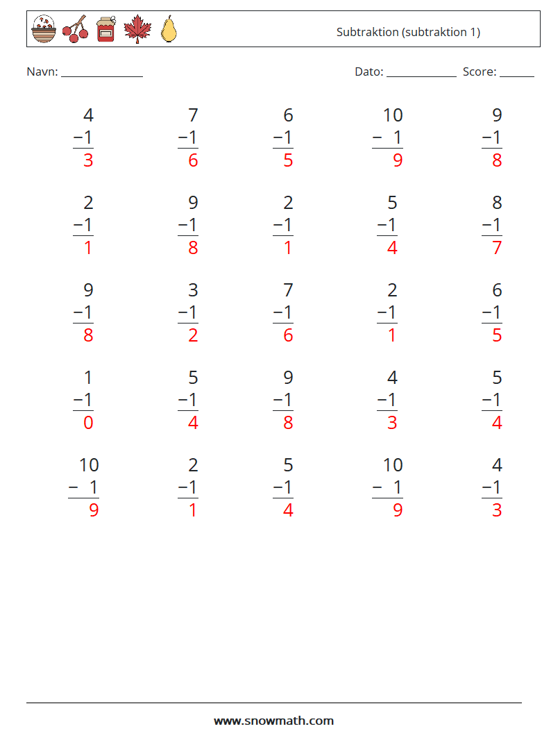 (25) Subtraktion (subtraktion 1) Matematiske regneark 8 Spørgsmål, svar
