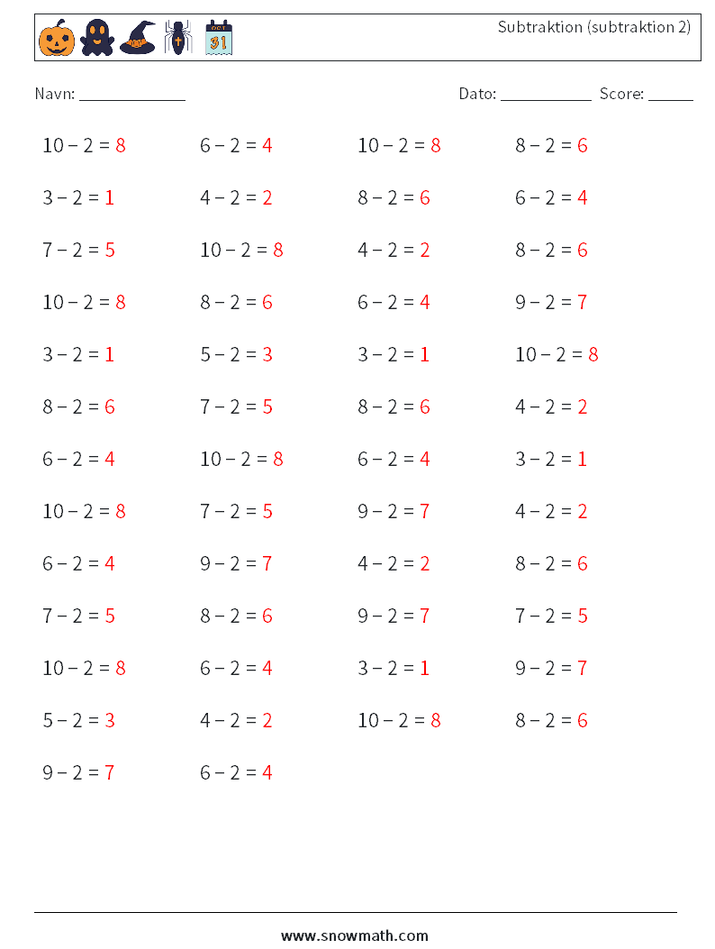 (50) Subtraktion (subtraktion 2) Matematiske regneark 1 Spørgsmål, svar