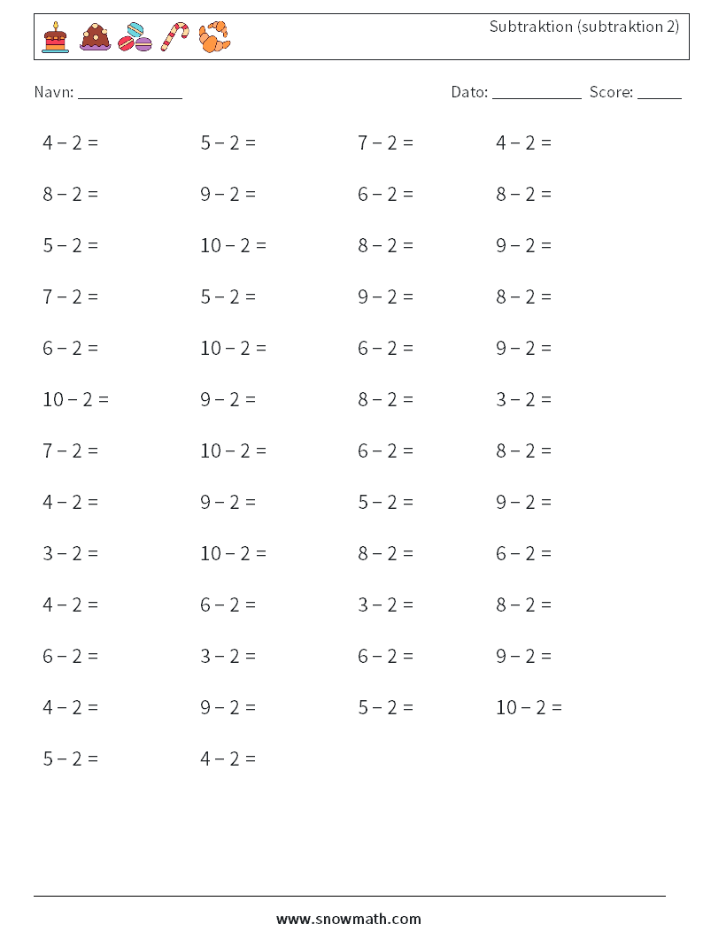 (50) Subtraktion (subtraktion 2) Matematiske regneark 2