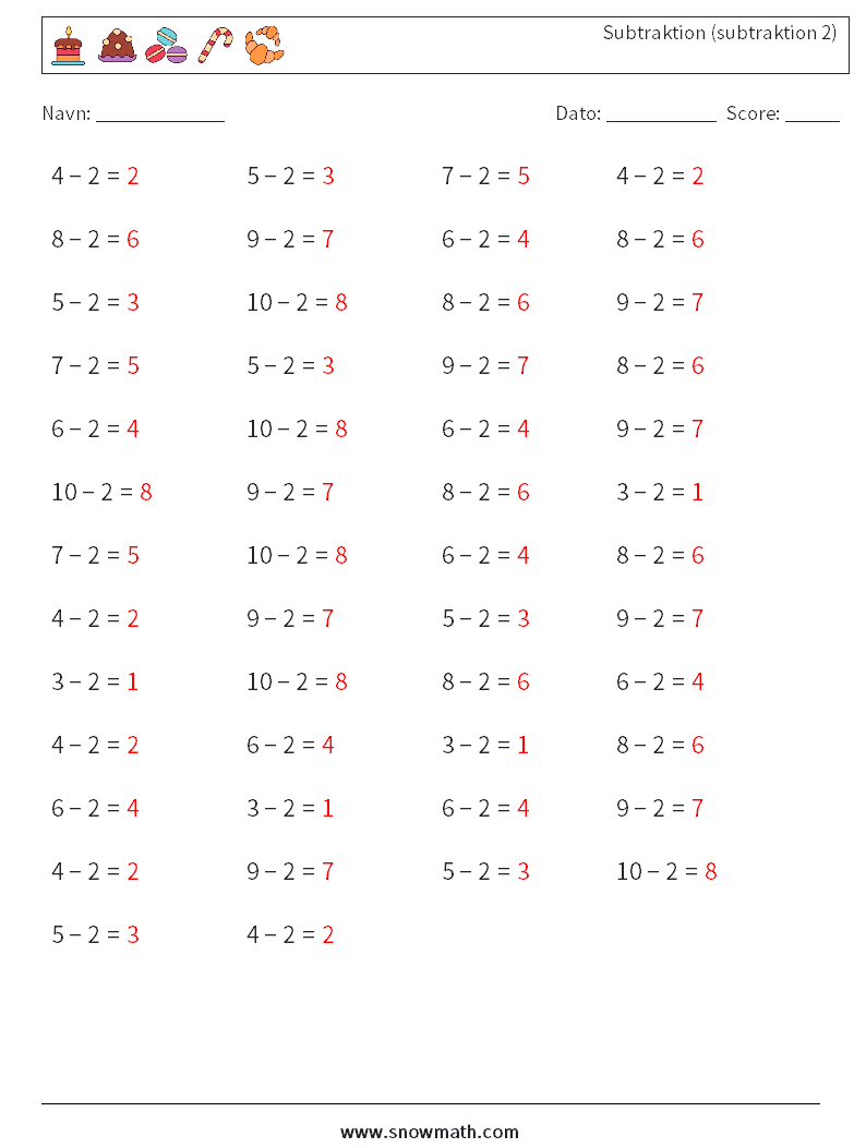 (50) Subtraktion (subtraktion 2) Matematiske regneark 2 Spørgsmål, svar