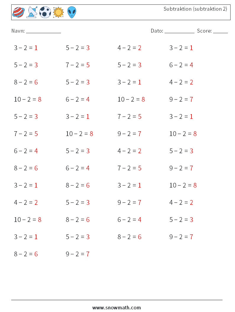 (50) Subtraktion (subtraktion 2) Matematiske regneark 3 Spørgsmål, svar