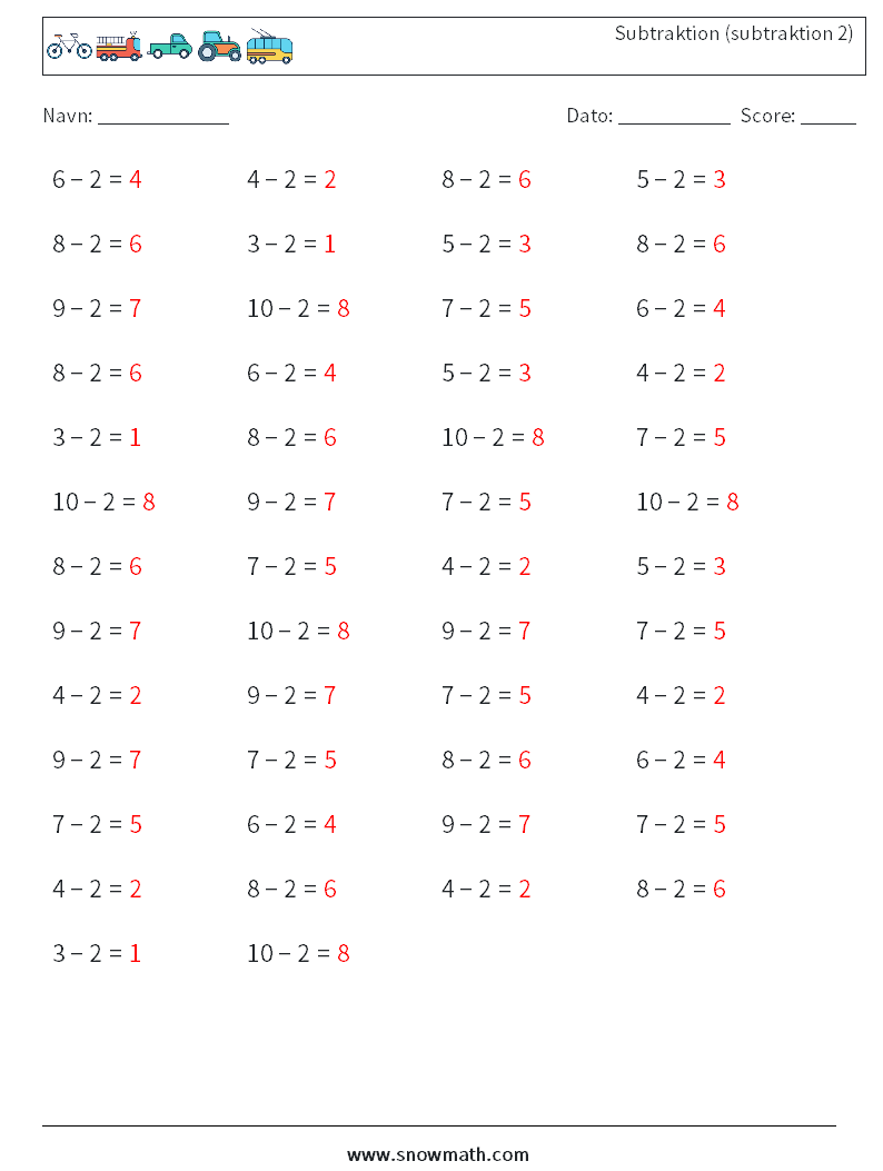 (50) Subtraktion (subtraktion 2) Matematiske regneark 5 Spørgsmål, svar