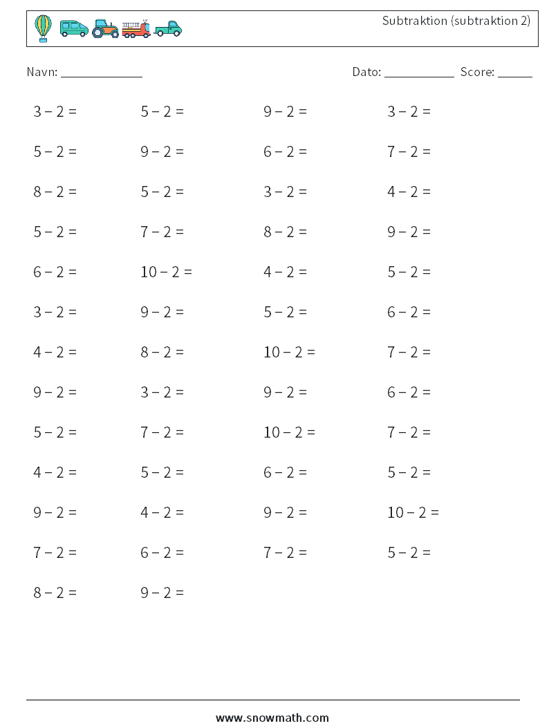 (50) Subtraktion (subtraktion 2) Matematiske regneark 7