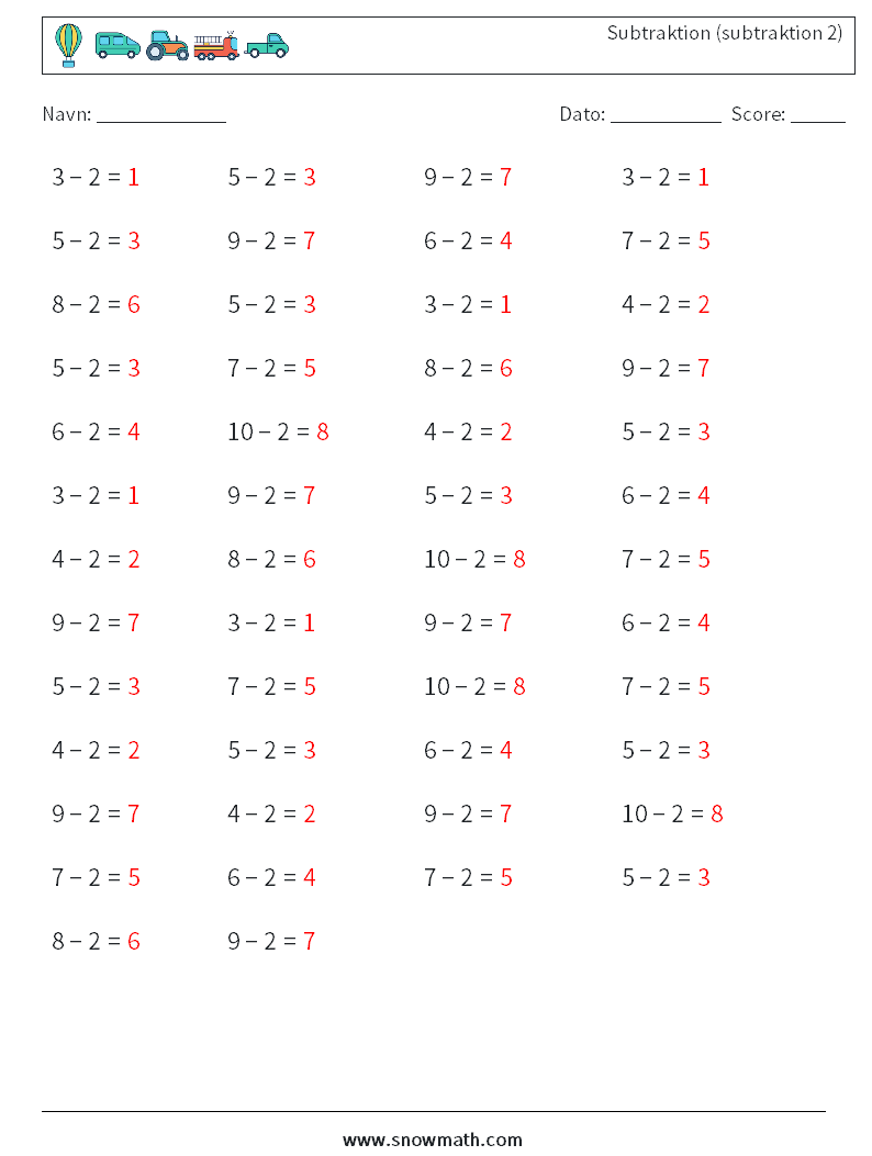 (50) Subtraktion (subtraktion 2) Matematiske regneark 7 Spørgsmål, svar