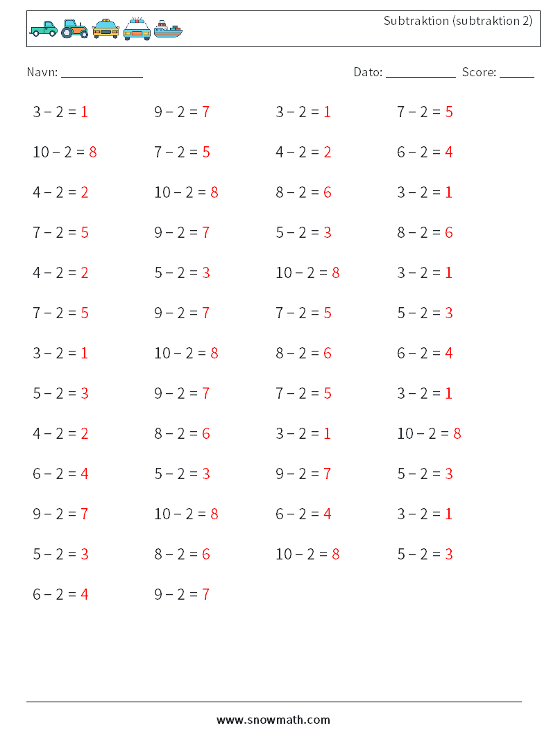 (50) Subtraktion (subtraktion 2) Matematiske regneark 8 Spørgsmål, svar