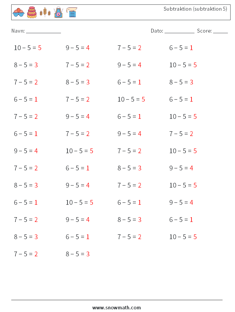 (50) Subtraktion (subtraktion 5) Matematiske regneark 4 Spørgsmål, svar