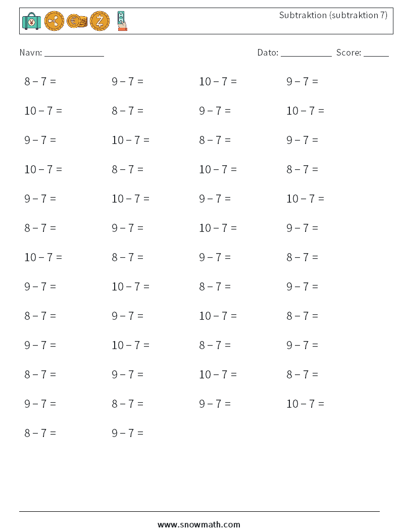 (50) Subtraktion (subtraktion 7) Matematiske regneark 6