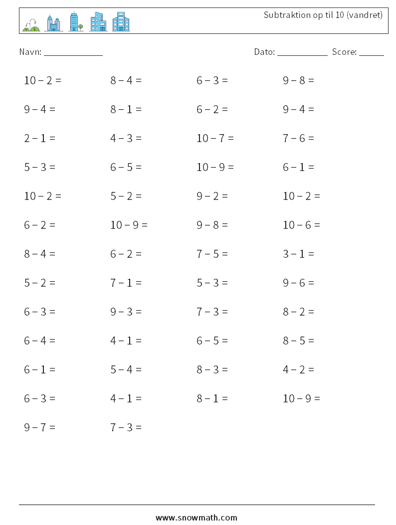 (50) Subtraktion op til 10 (vandret) Matematiske regneark 4