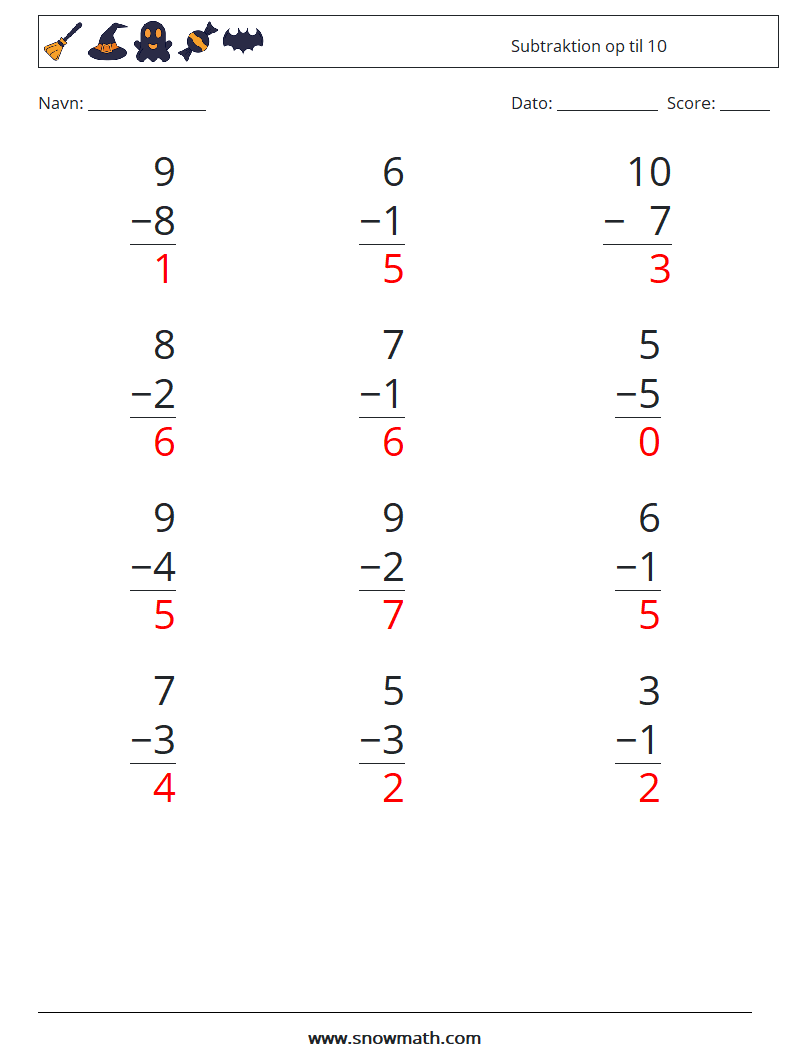 (12) Subtraktion op til 10 Matematiske regneark 2 Spørgsmål, svar