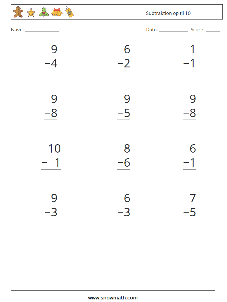 (12) Subtraktion op til 10 Matematiske regneark 3