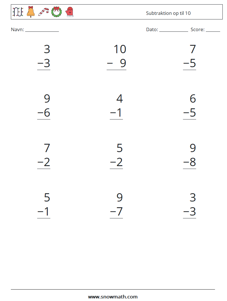 (12) Subtraktion op til 10 Matematiske regneark 4
