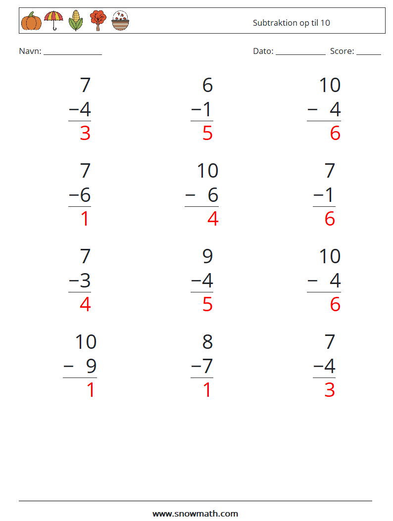 (12) Subtraktion op til 10 Matematiske regneark 5 Spørgsmål, svar