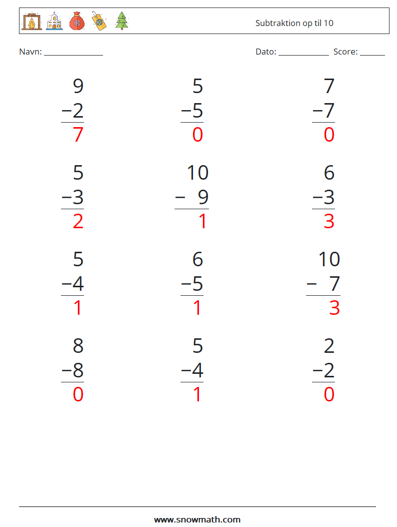 (12) Subtraktion op til 10 Matematiske regneark 7 Spørgsmål, svar