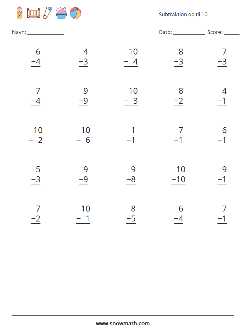 (25) Subtraktion op til 10 Matematiske regneark 2