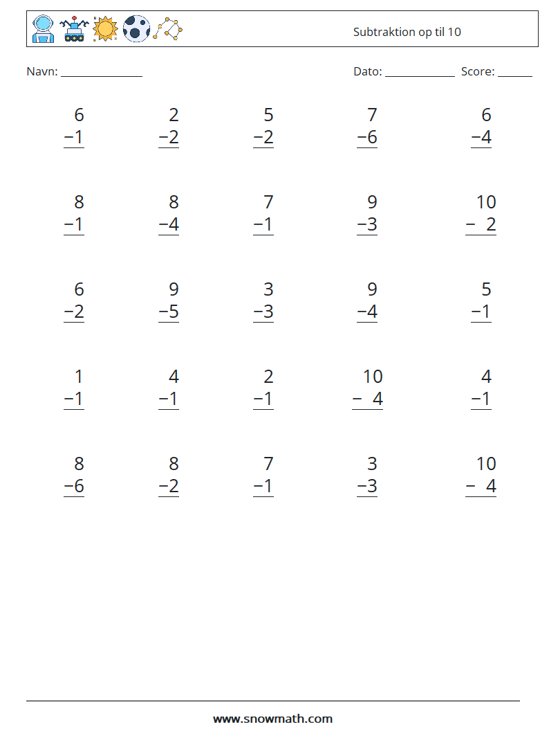 (25) Subtraktion op til 10 Matematiske regneark 3
