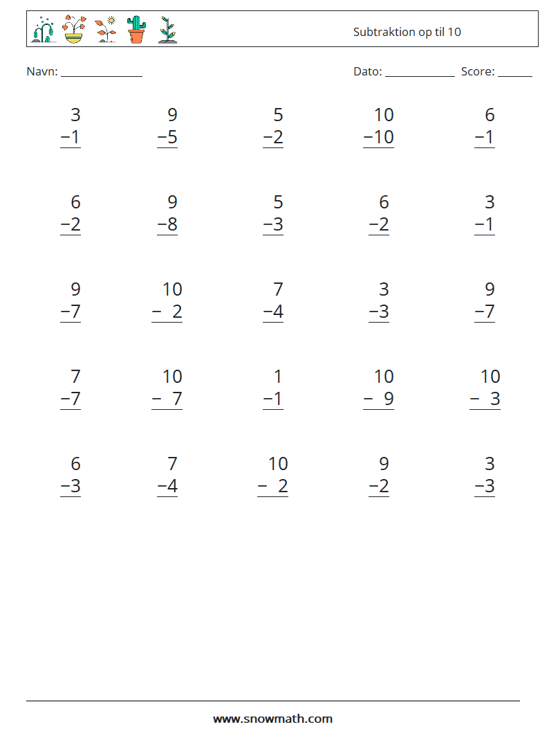 (25) Subtraktion op til 10 Matematiske regneark 4