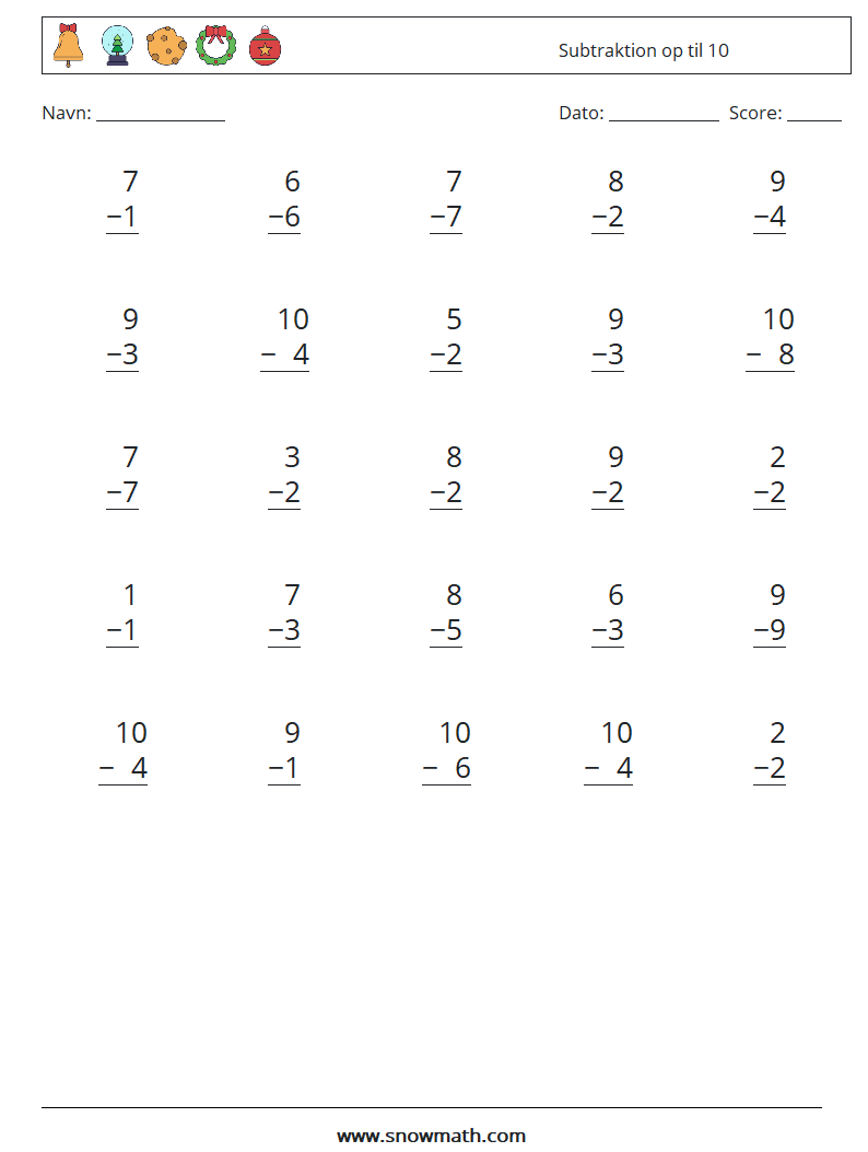 (25) Subtraktion op til 10 Matematiske regneark 5