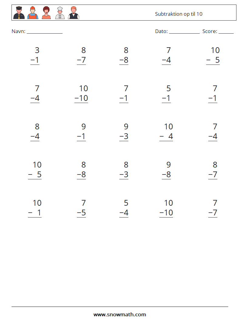 (25) Subtraktion op til 10 Matematiske regneark 6