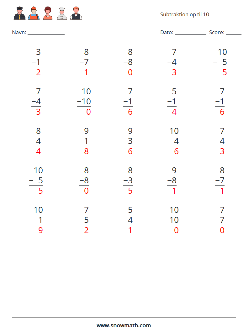 (25) Subtraktion op til 10 Matematiske regneark 6 Spørgsmål, svar