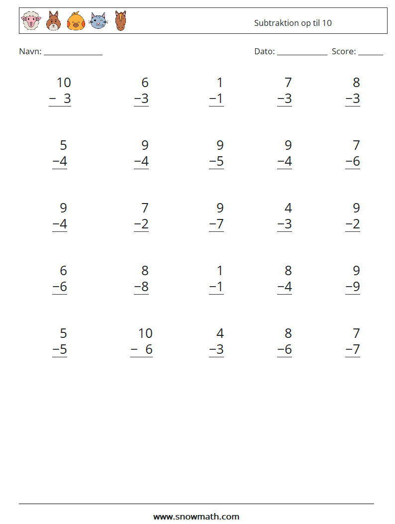 (25) Subtraktion op til 10 Matematiske regneark 7