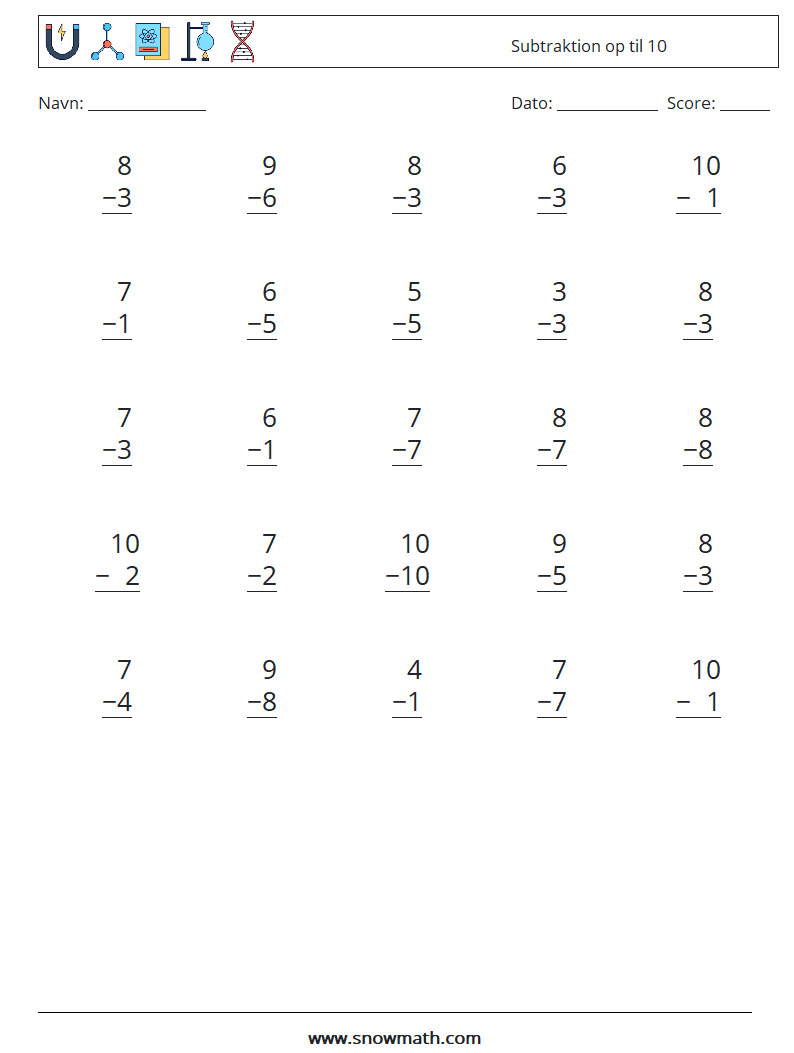 (25) Subtraktion op til 10 Matematiske regneark 8