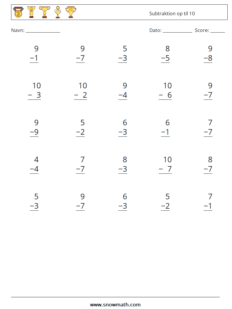 (25) Subtraktion op til 10 Matematiske regneark 9