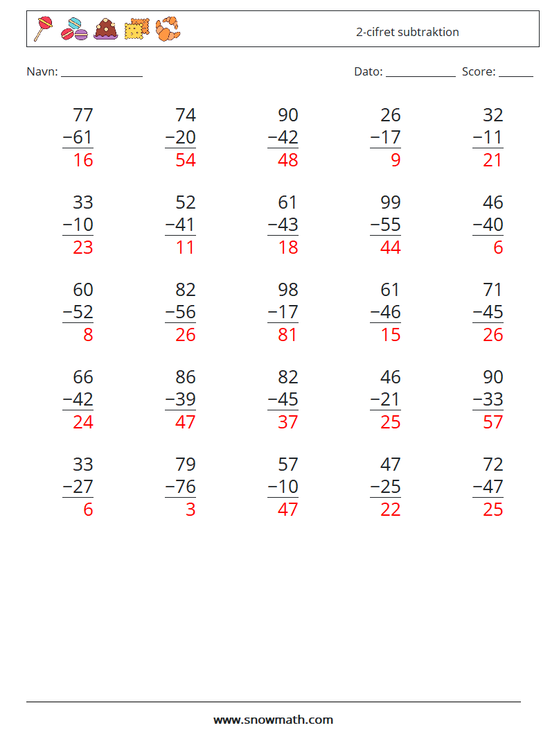 (25) 2-cifret subtraktion Matematiske regneark 10 Spørgsmål, svar