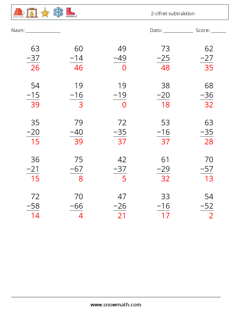 (25) 2-cifret subtraktion Matematiske regneark 11 Spørgsmål, svar