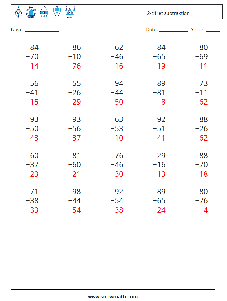 (25) 2-cifret subtraktion Matematiske regneark 12 Spørgsmål, svar