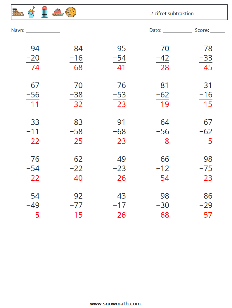 (25) 2-cifret subtraktion Matematiske regneark 13 Spørgsmål, svar