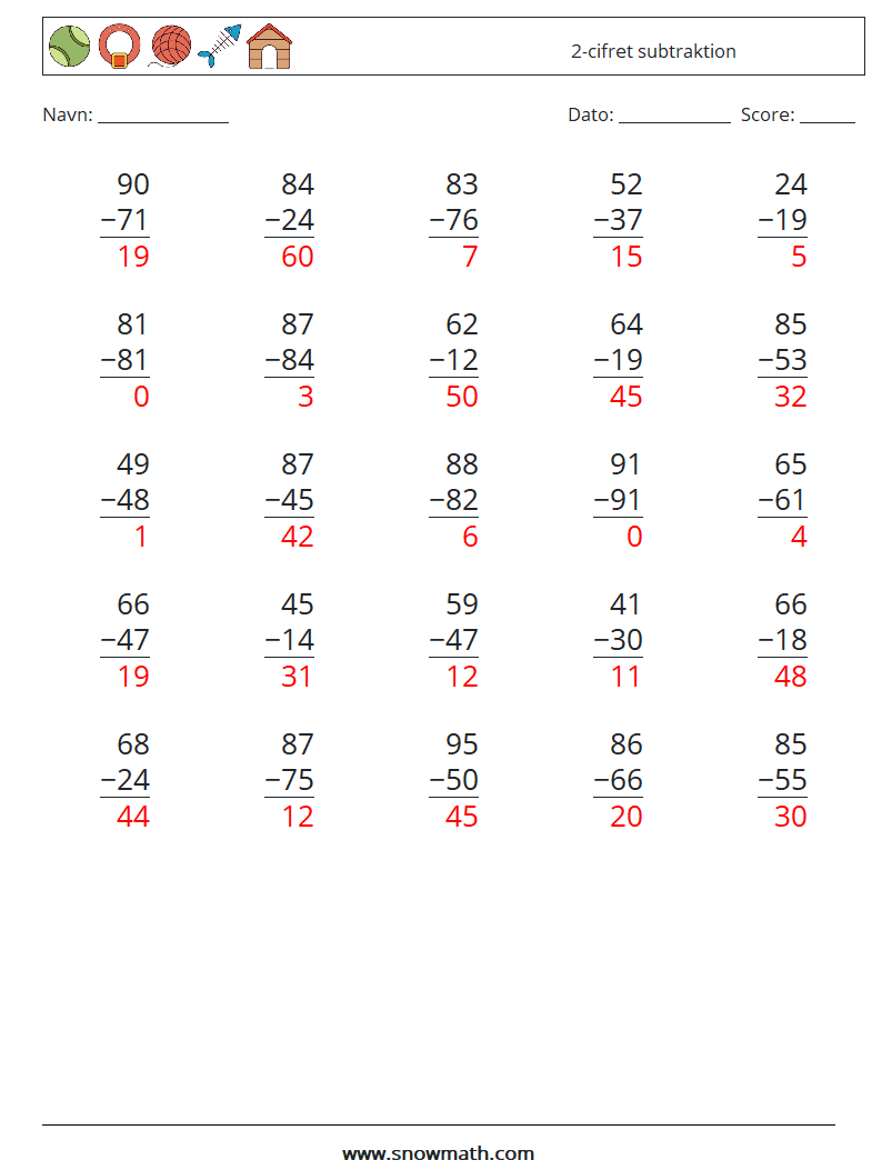 (25) 2-cifret subtraktion Matematiske regneark 14 Spørgsmål, svar