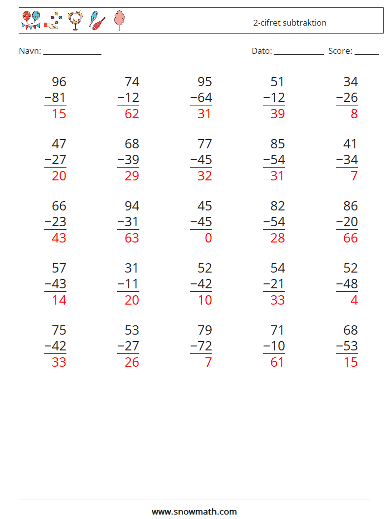 (25) 2-cifret subtraktion Matematiske regneark 15 Spørgsmål, svar