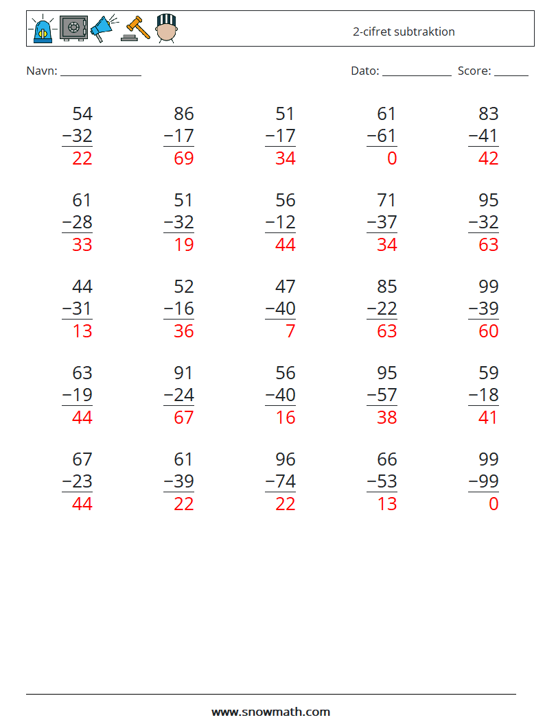 (25) 2-cifret subtraktion Matematiske regneark 16 Spørgsmål, svar