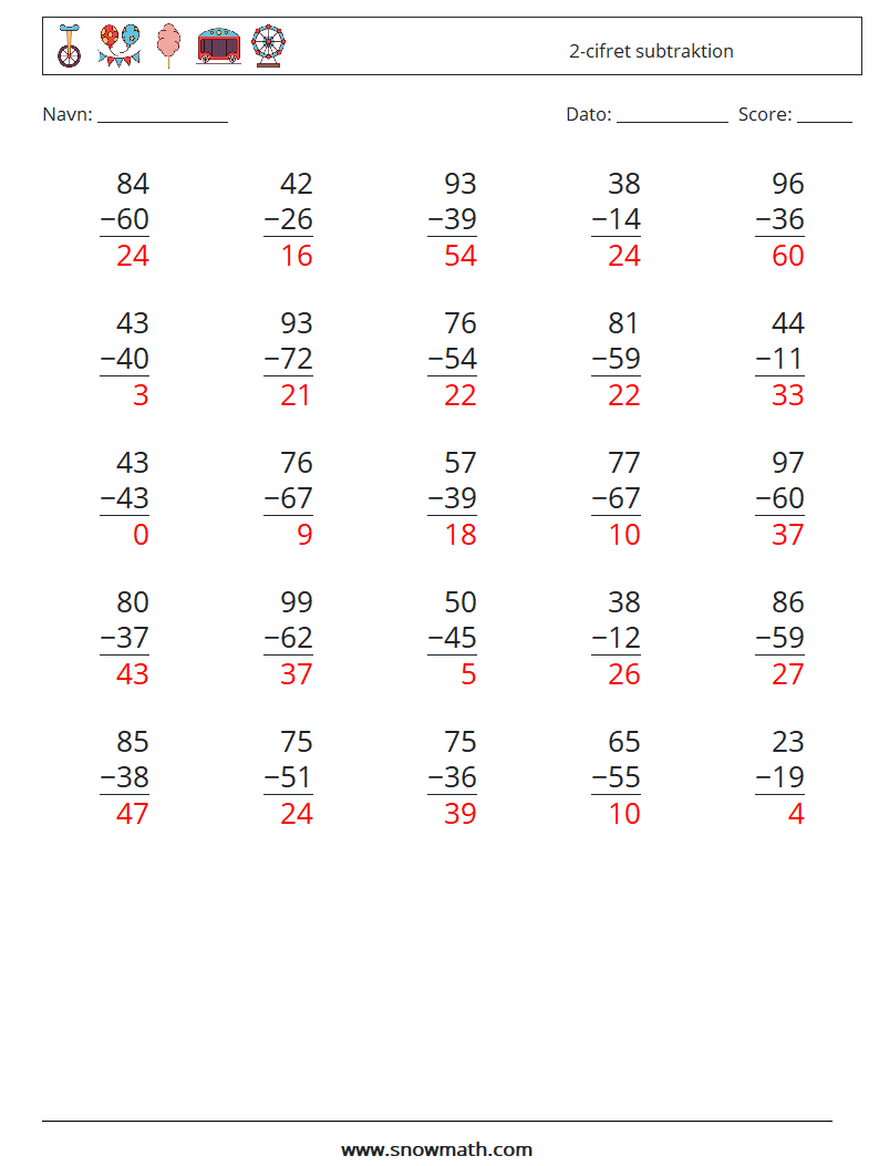 (25) 2-cifret subtraktion Matematiske regneark 17 Spørgsmål, svar