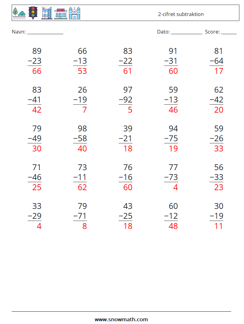 (25) 2-cifret subtraktion Matematiske regneark 18 Spørgsmål, svar