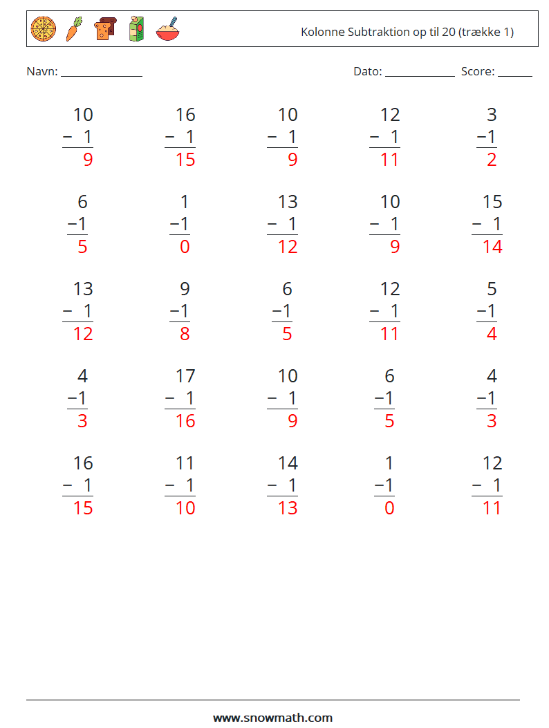 (25) Kolonne Subtraktion op til 20 (trække 1) Matematiske regneark 13 Spørgsmål, svar