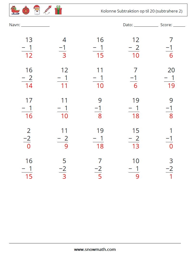 (25) Kolonne Subtraktion op til 20 (subtrahere 2) Matematiske regneark 10 Spørgsmål, svar
