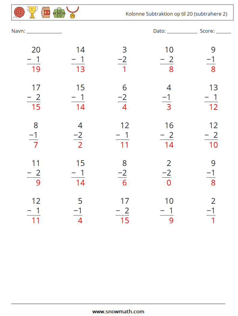 (25) Kolonne Subtraktion op til 20 (subtrahere 2) Matematiske regneark 11 Spørgsmål, svar