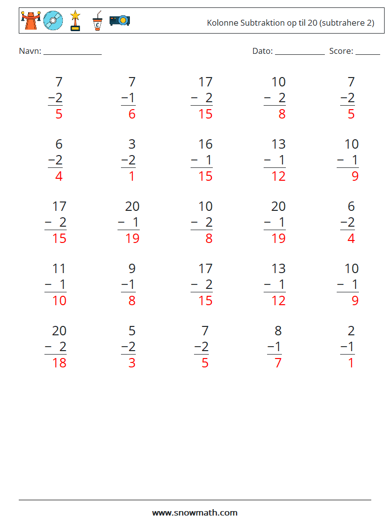 (25) Kolonne Subtraktion op til 20 (subtrahere 2) Matematiske regneark 12 Spørgsmål, svar